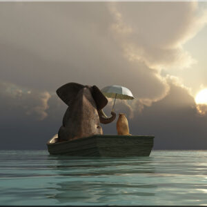 Modernes Leinwandbild - Beste Freunde - Elefant und Hund auf dem Wasser