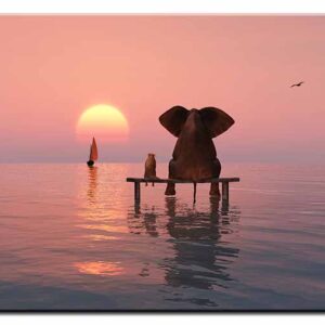 Modernes Leinwandbild - Beste Freunde - Elefant und Hund im Sonnenuntergang