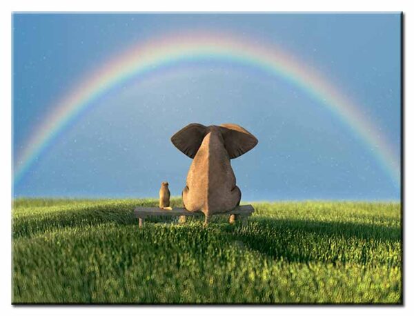 Modernes Leinwandbild - Beste Freunde - Elefant und Hund mit Regenbogen