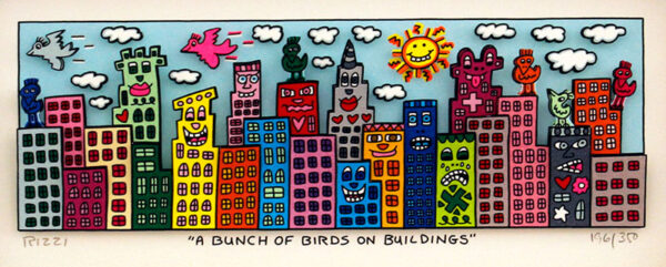 James Rizzi - A BUNCH OF BIRDS ON BUILDINGS  - Original 3D Bild drucksigniert