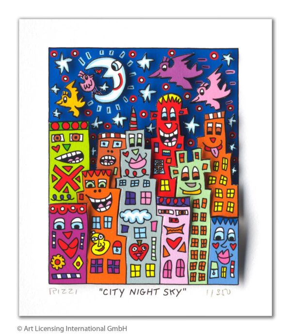 James Rizzi - CITY NIGHT SKY - Original 3D Bild drucksigniert