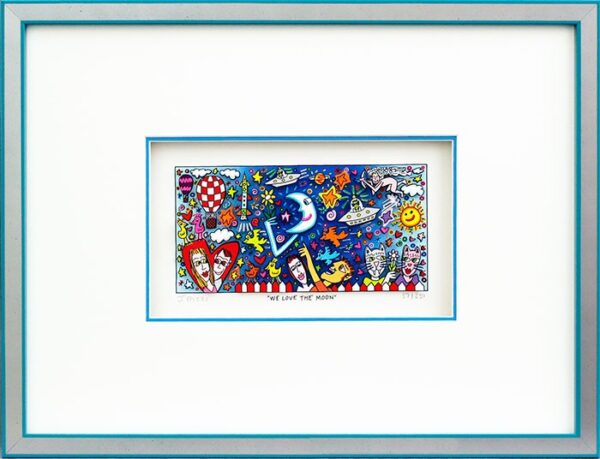 James Rizzi - WE LOVE THE MOON - Original 3D Bild drucksigniert-Silber-hellblau-...